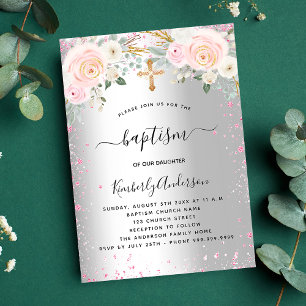 Baptism silver pink florals glitter girl elegant invitation postcard