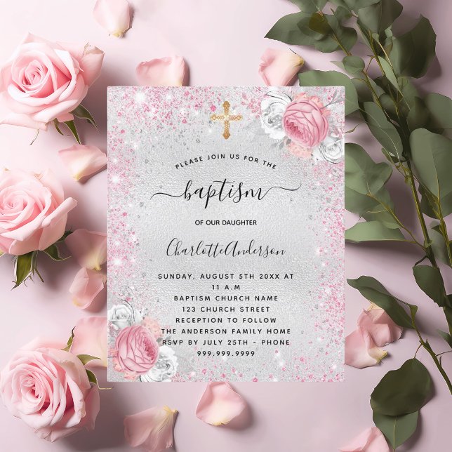 Baptism silver pink girl floral glitter invitation (Creator Uploaded)