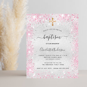 Baptism silver pink girl glitter budget invitation