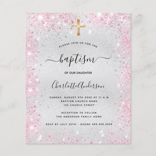 Baptism silver pink girl glitter budget invitation flyer (Front)