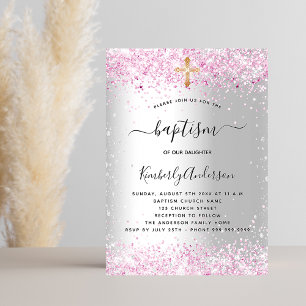 Baptism silver pink girl gold cross invitation