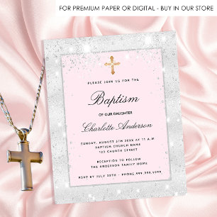 Baptism silver pink glitter girl budget invitation flyer