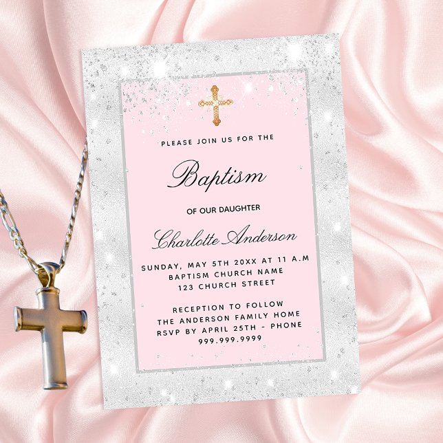 Baptism silver pink glitter girl cross elegant invitation (Creator Uploaded)