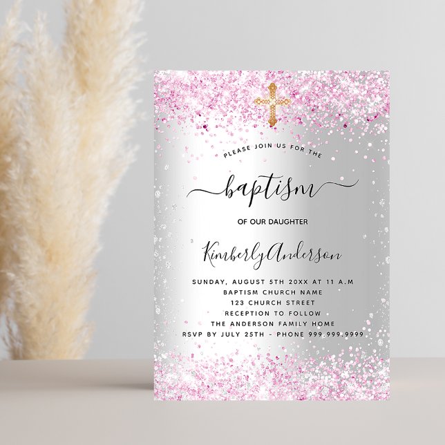 Baptism silver pink glitter girl cross luxury invitation (Creator Uploaded)