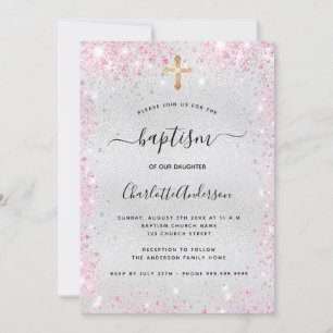 Baptism silver pink glitter girl modern invitation