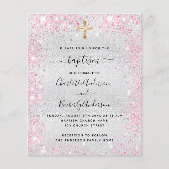 Baptism silver pink twin girls budget invitation flyer (Front)