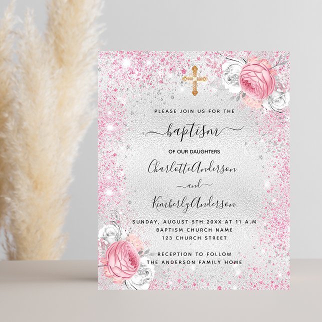 Baptism silver pink twins floral budget invitation (Creator Uploaded)