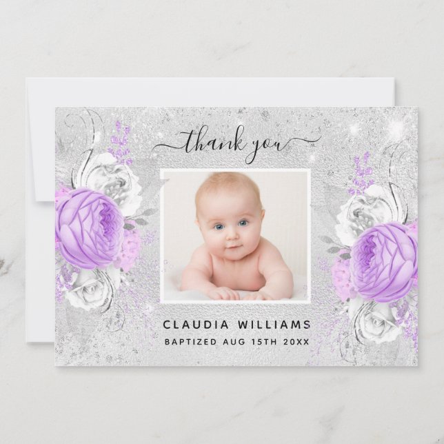 Baptism silver purple florals photo girl thank you card (Back)