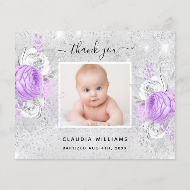 Baptism silver purple photo girl thank you card (Back)