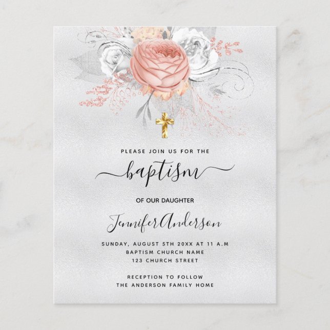 Baptism silver rose gold girl budget invitation (Front)
