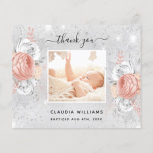 Baptism silver rose gold photo thank you card