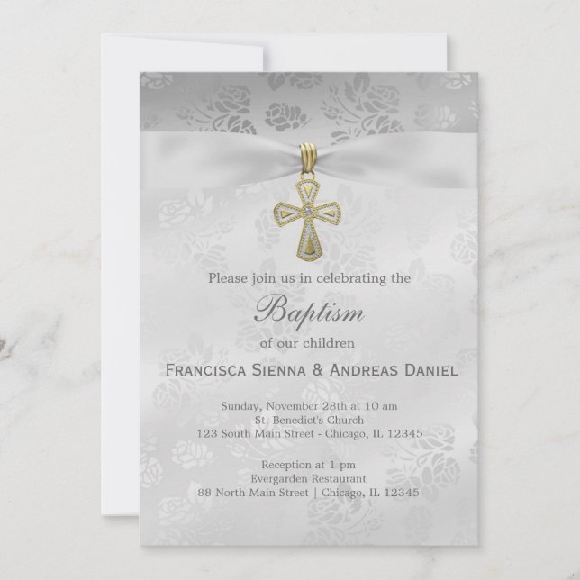 Baptism Silver Roses Invitation (Front)