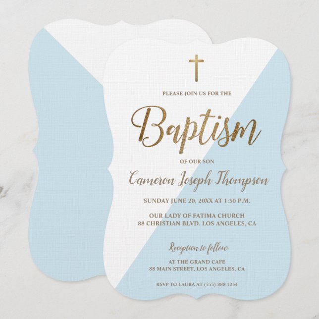 Baptism Simple Blue White Gold Modern Scalopped Invitation (Front/Back)