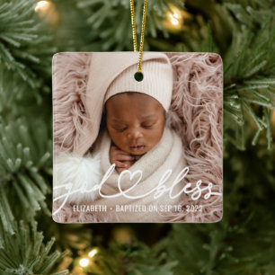Baptism Simple Elegant Modern Heart Baby Photo Ceramic Ornament