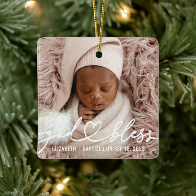 Baptism Simple Elegant Modern Heart Baby Photo Ceramic Ornament (Tree)