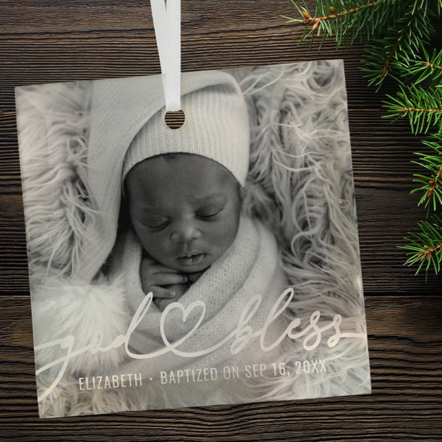 Baptism Simple Elegant Modern Heart Baby Photo Glass Tree Decoration (Creator Uploaded)