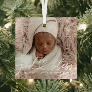Baptism Simple Elegant Modern Heart Baby Photo Glass Tree Decoration