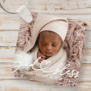 Baptism Simple Elegant Modern Heart Baby Photo Key Ring