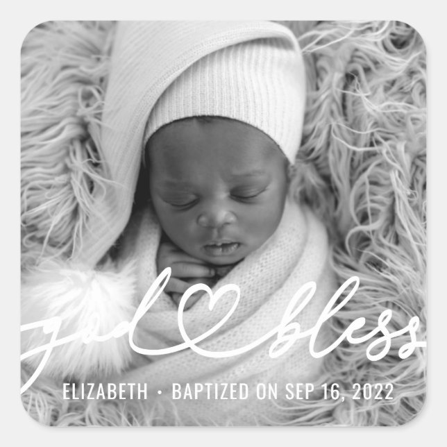 Baptism Simple Elegant Modern Heart Baby Photo Square Sticker (Front)