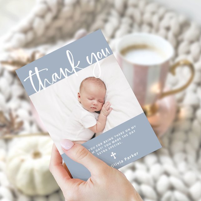 Baptism | Simple Minimal Blue with Photo Thank You Card (A stylish and simple blue and white Baptism thank you card with photo)