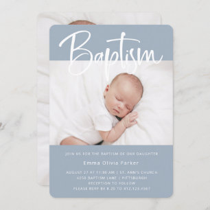 Baptism   Simple Minimal Blue with Two Photos Invitation