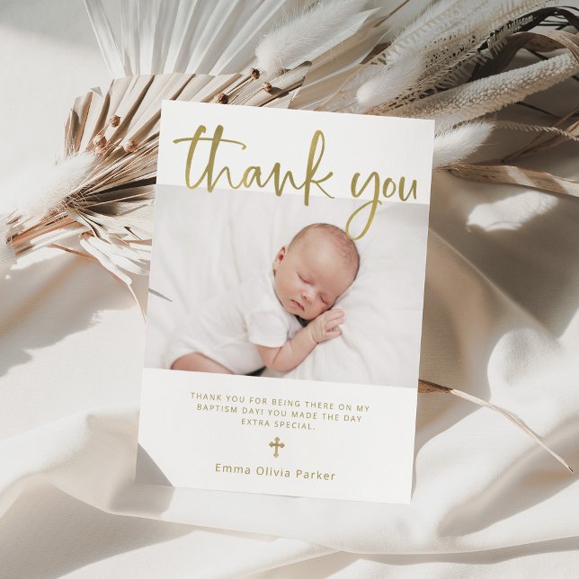 Baptism | Simple Minimal Gold with Photo Thank You Card (Creator Uploaded)