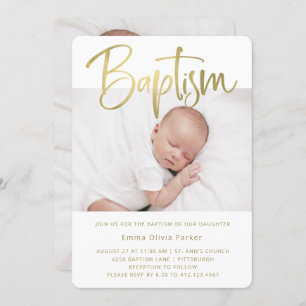Baptism   Simple Minimal Gold with Two Photos Invitation