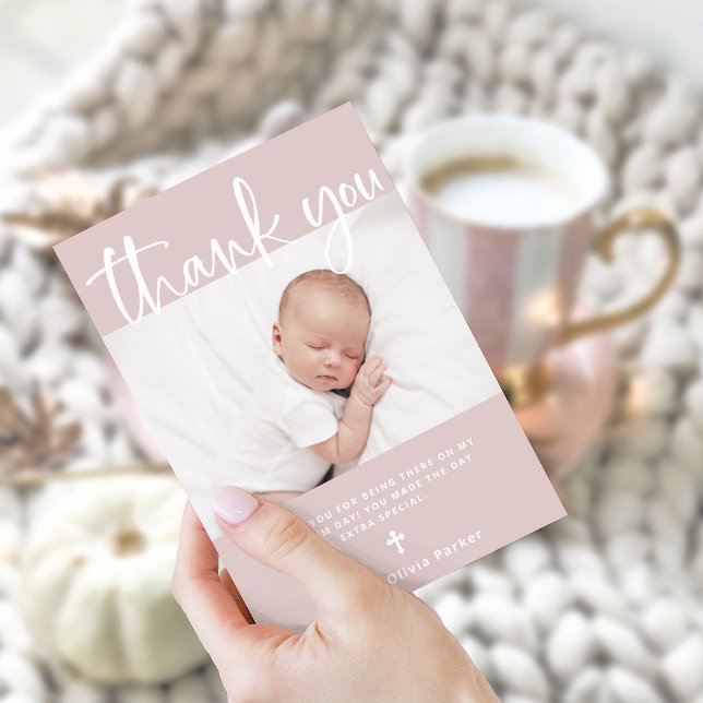 Baptism | Simple Minimal Pink with Photo Thank You Card (An elegant, blush pink Baptism thank you card with photo and a cross)