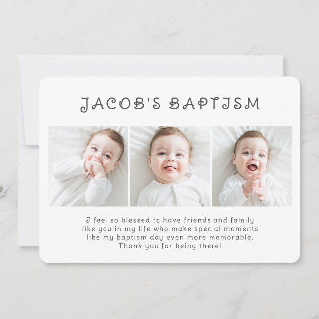 Baptism Simple Modern Chic Three Photo Thank You Card (Front)