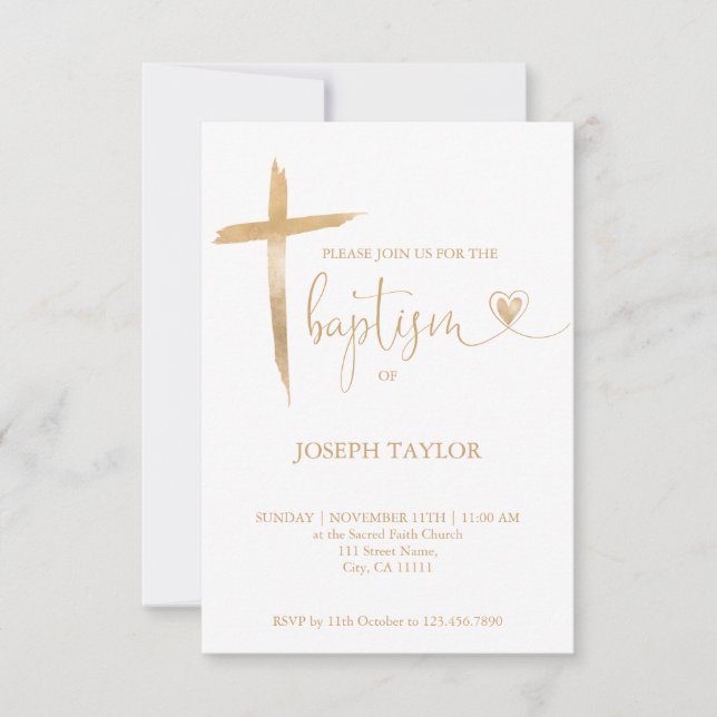 Baptism Simple Modern Cross Christening Gold Invit Invitation (Front)
