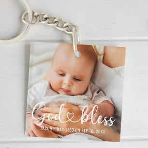 Baptism Simple Modern Heart Baby Photo Key Ring