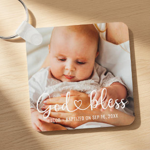 Baptism Simple Modern Heart Baby Photo Key Ring