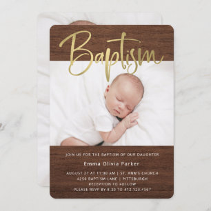 Baptism   Simple Rustic and Gold with Two Photos Invitation