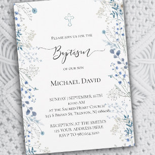 Baptism small blue watercolor flowers invitation