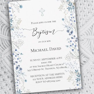 Baptism small blue watercolor flowers invitation