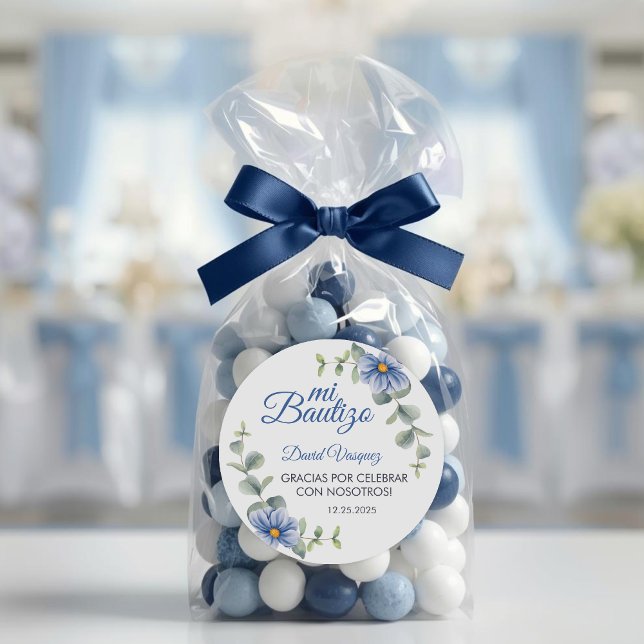 Baptism Spanish Bautismo Green Leaves Blue Flowers Classic Round Sticker (Creator Uploaded)