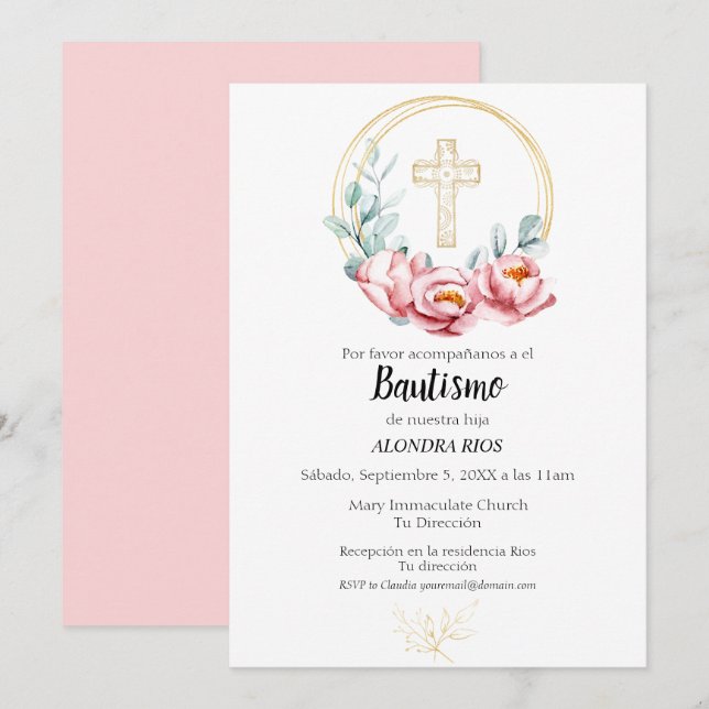 Baptism Spanish Invitation Girl, Floral (Front/Back)