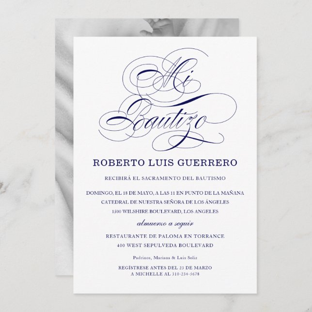 Baptism Spanish Language Navy Script Mi Bautizo Invitation (Front/Back)