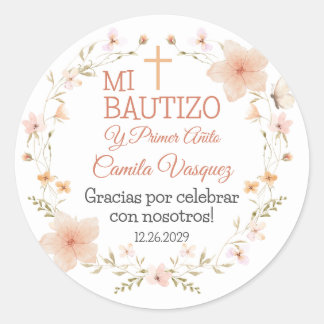 Baptism Sticker in Spanish with Cute Pink Flowers