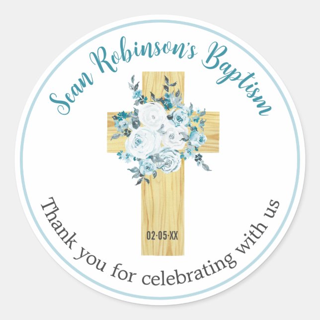 Baptism Stickers Boy Blue Floral Wooden Cross (Front)