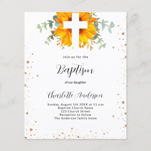 Baptism sunflower eucalyptus budget invitation flyer (Front)