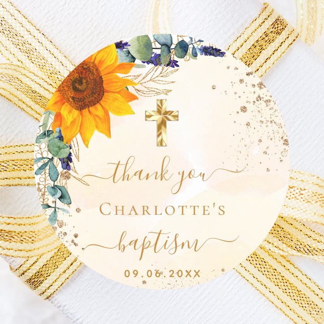 Baptism sunflower eucalyptus glitter thank you classic round sticker (Creator Uploaded)