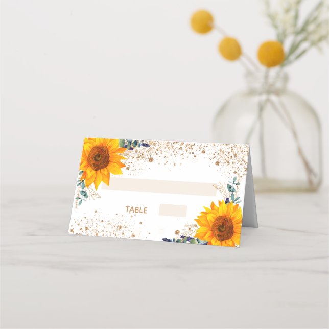 Baptism sunflower eucalyptus gold glitter place card (Front)
