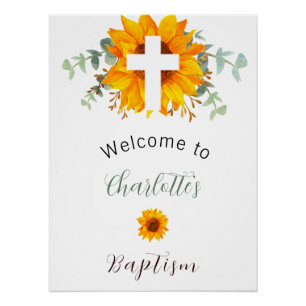 Baptism sunflowers eucalyptus cross welcome poster