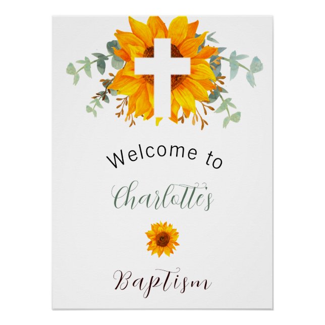 Baptism sunflowers eucalyptus cross welcome poster (Front)