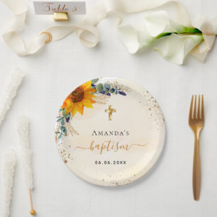 Baptism sunflowers eucalyptus glitter modern paper plate