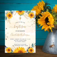Baptism sunflowers eucalyptus gold glitter