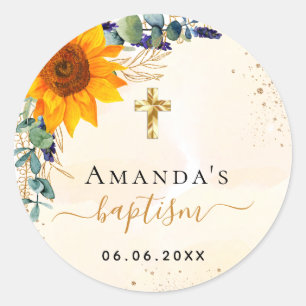 Baptism sunflowers eucalyptus greenery glitter classic round sticker