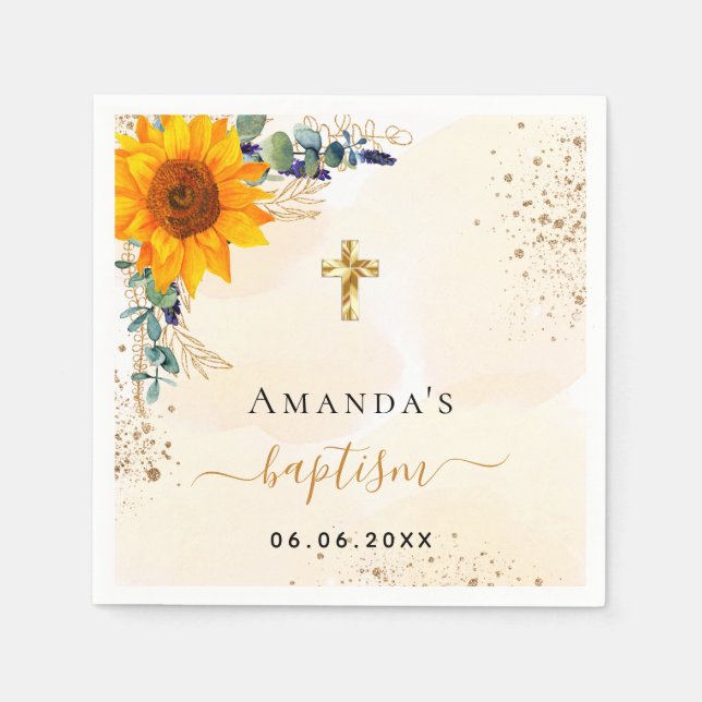 Baptism sunflowers eucalyptus greenery glitter napkin (Front)