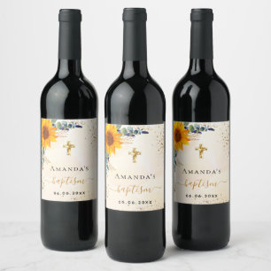Baptism sunflowers eucalyptus greenery glitter wine label